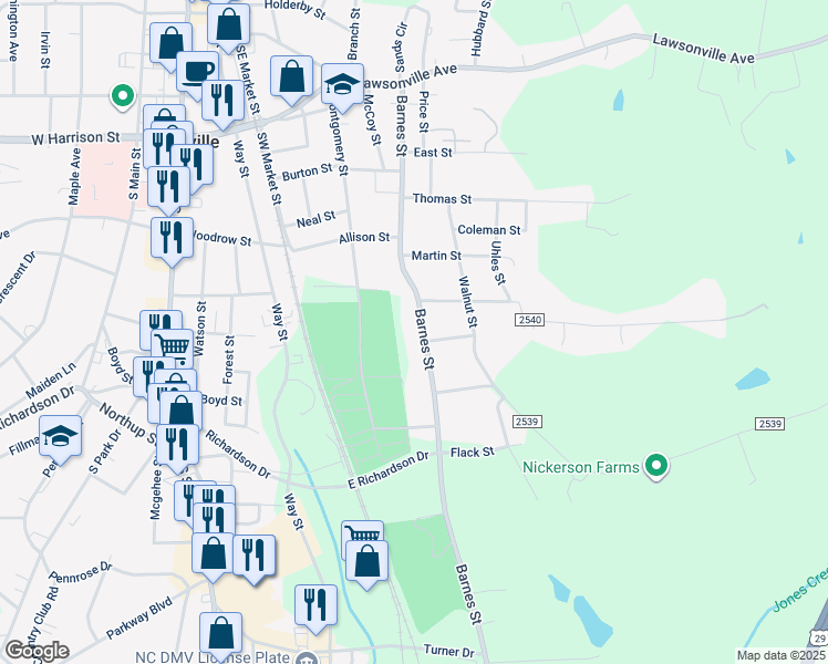 map of restaurants, bars, coffee shops, grocery stores, and more near 1112 Barnes Street in Reidsville