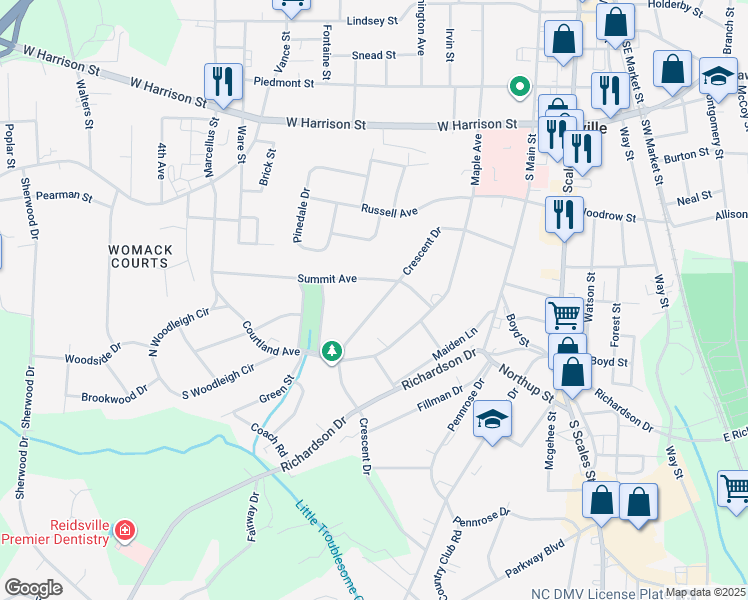 map of restaurants, bars, coffee shops, grocery stores, and more near 814 Crescent Drive in Reidsville