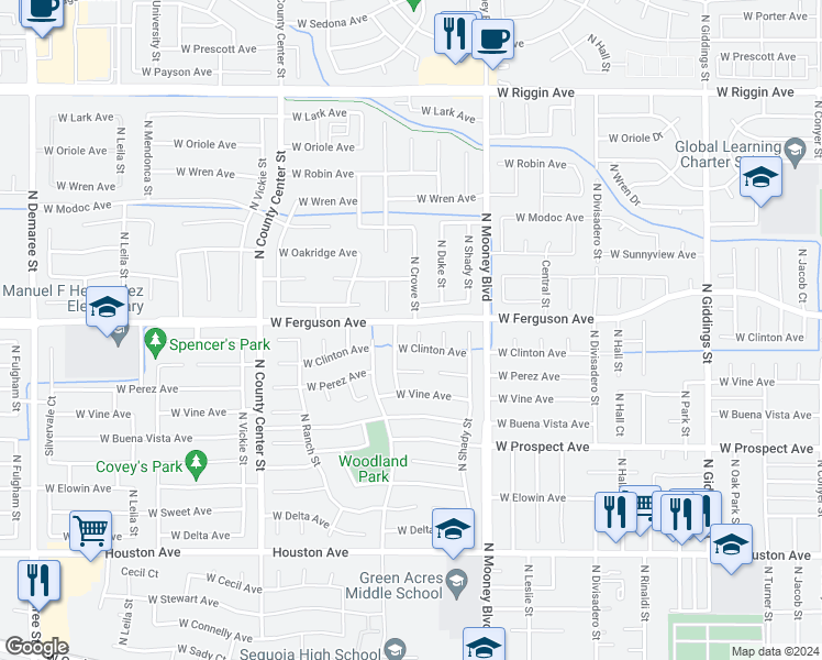 map of restaurants, bars, coffee shops, grocery stores, and more near 2147 North Crowe Court in Visalia