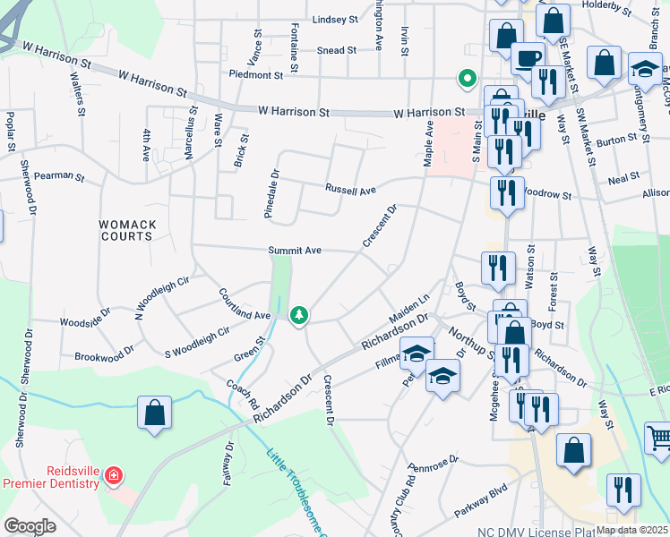 map of restaurants, bars, coffee shops, grocery stores, and more near 814 Crescent Drive in Reidsville