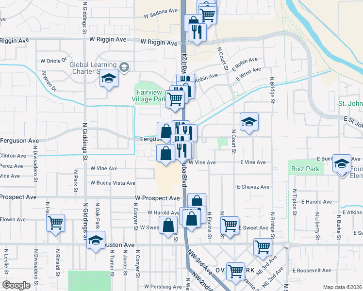 map of restaurants, bars, coffee shops, grocery stores, and more near 499 Ferguson Street in Visalia