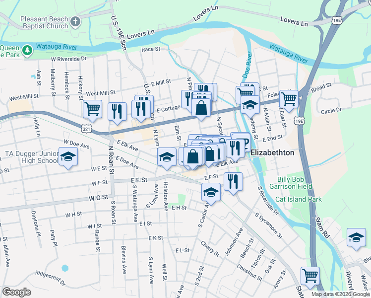 map of restaurants, bars, coffee shops, grocery stores, and more near 405 East D Street in Elizabethton