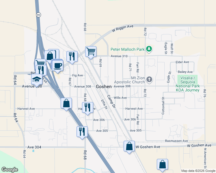 map of restaurants, bars, coffee shops, grocery stores, and more near Robinson Road in Visalia
