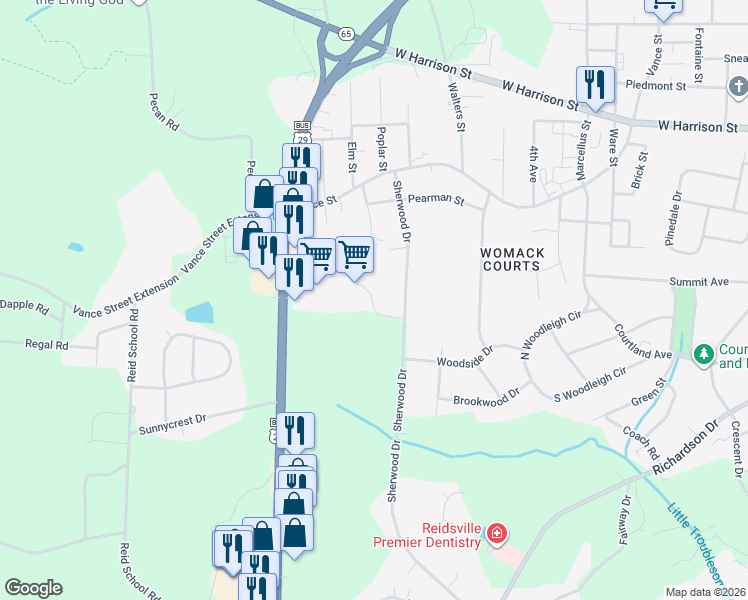 map of restaurants, bars, coffee shops, grocery stores, and more near 2006 Oakbrook Court in Reidsville