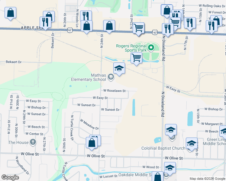 map of restaurants, bars, coffee shops, grocery stores, and more near 2305-2307 Roselawn Drive in Rogers
