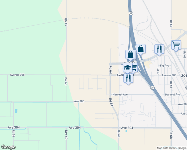 map of restaurants, bars, coffee shops, grocery stores, and more near 6251 Avenue 308 in Visalia