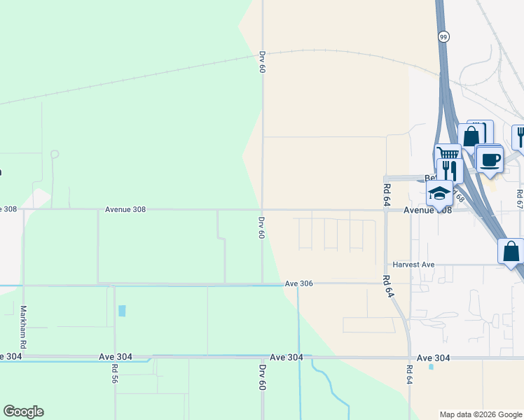 map of restaurants, bars, coffee shops, grocery stores, and more near 5999 Ave 308 in Visalia