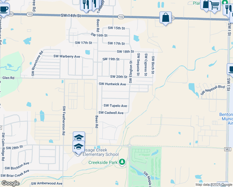 map of restaurants, bars, coffee shops, grocery stores, and more near 2306 Southwest Montana Avenue in Bentonville