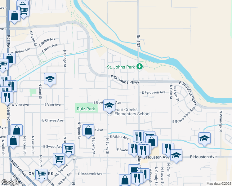map of restaurants, bars, coffee shops, grocery stores, and more near 2209 North Oakhurst Street in Visalia