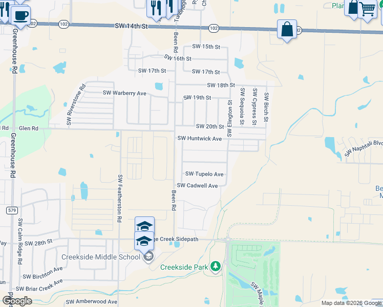 map of restaurants, bars, coffee shops, grocery stores, and more near 2502 Southwest Montana Avenue in Bentonville
