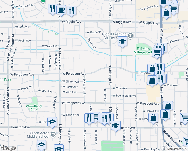 map of restaurants, bars, coffee shops, grocery stores, and more near West Ferguson Avenue in Visalia