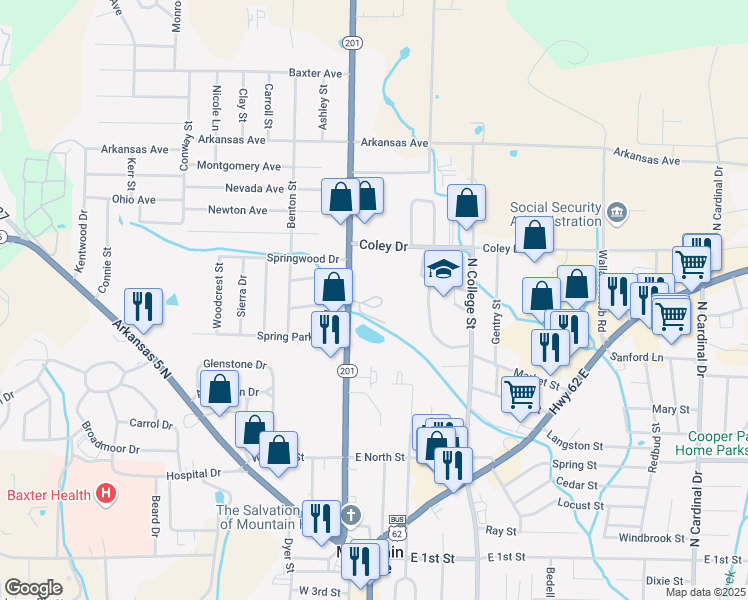 map of restaurants, bars, coffee shops, grocery stores, and more near 765 Arkansas 201 in Mountain Home