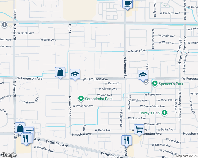 map of restaurants, bars, coffee shops, grocery stores, and more near 4445 West Ferguson Avenue in Visalia