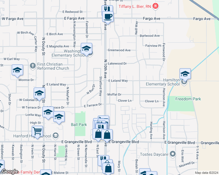 map of restaurants, bars, coffee shops, grocery stores, and more near 2084 Parker Place in Hanford