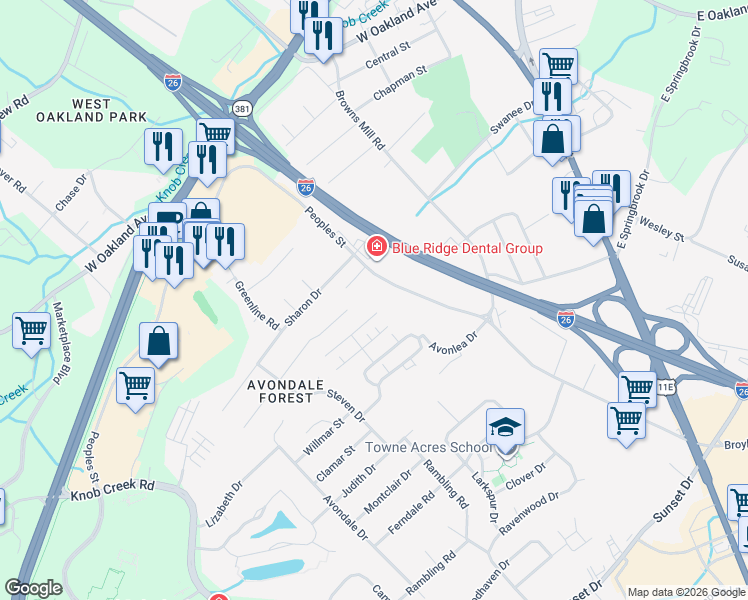 map of restaurants, bars, coffee shops, grocery stores, and more near 3000-3034 Peoples Street in Johnson City