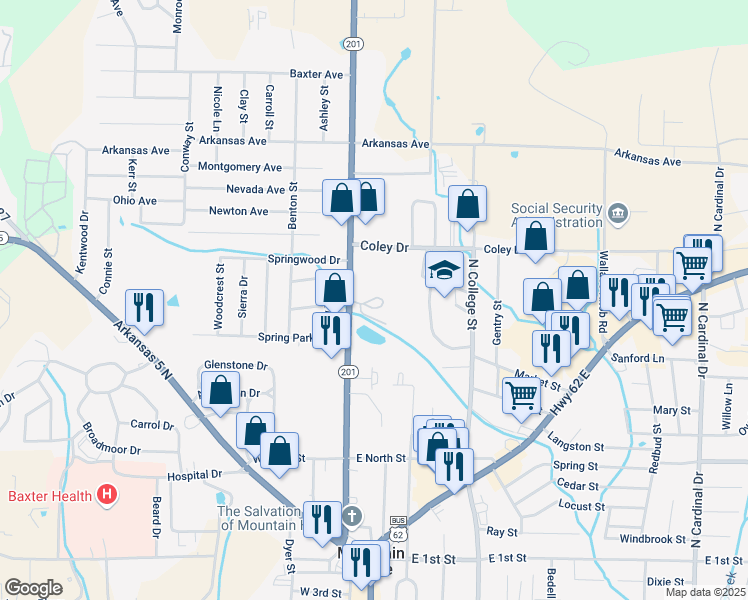 map of restaurants, bars, coffee shops, grocery stores, and more near 765 Arkansas 201 in Mountain Home