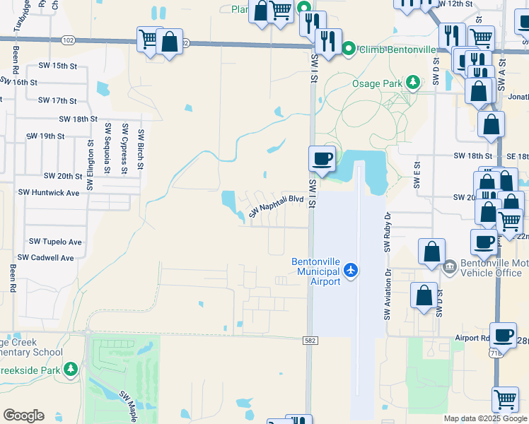 map of restaurants, bars, coffee shops, grocery stores, and more near 2406 Southwest Sierra Terrace in Bentonville
