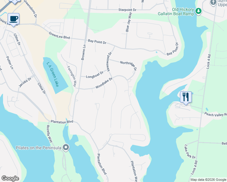map of restaurants, bars, coffee shops, grocery stores, and more near 1109 Willowlake Drive in Gallatin