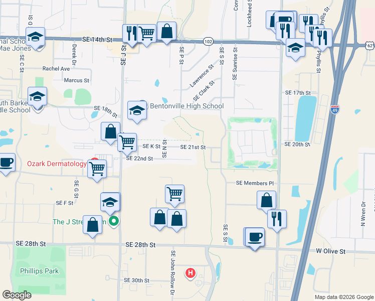 map of restaurants, bars, coffee shops, grocery stores, and more near 1509 Southeast 21st Street in Bentonville