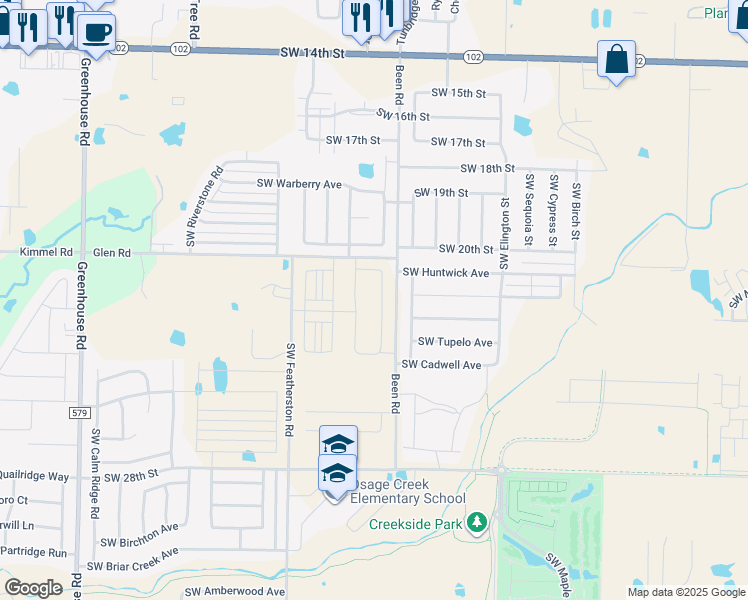 map of restaurants, bars, coffee shops, grocery stores, and more near 2104 Southwest Chaddington Road in Bentonville
