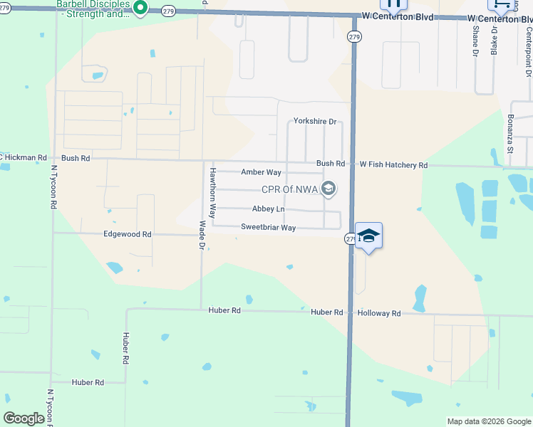 map of restaurants, bars, coffee shops, grocery stores, and more near 1530 Abbey Lane in Centerton