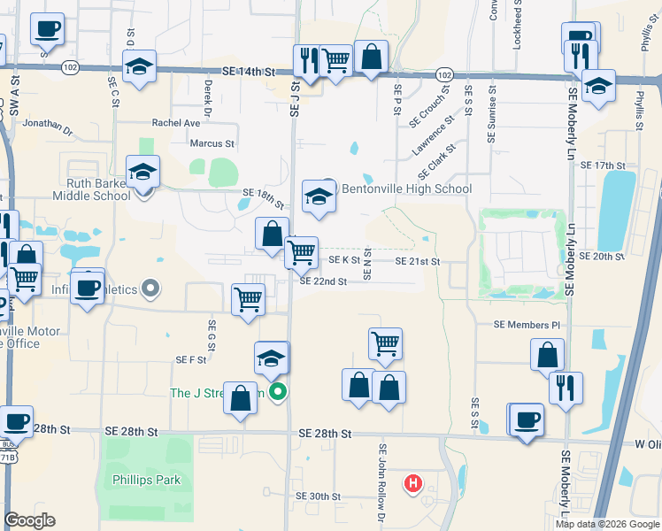 map of restaurants, bars, coffee shops, grocery stores, and more near 1204 Southeast 21st Street in Bentonville