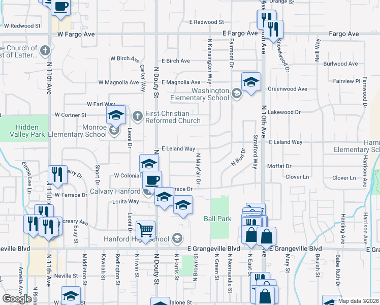 map of restaurants, bars, coffee shops, grocery stores, and more near 228 East Leland Way in Hanford