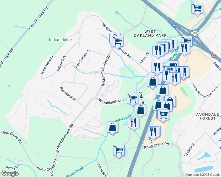 map of restaurants, bars, coffee shops, grocery stores, and more near 617 West Mountainview Road in Johnson City