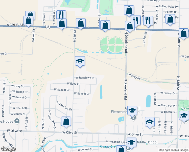 map of restaurants, bars, coffee shops, grocery stores, and more near 2211 West Roselawn Street in Rogers