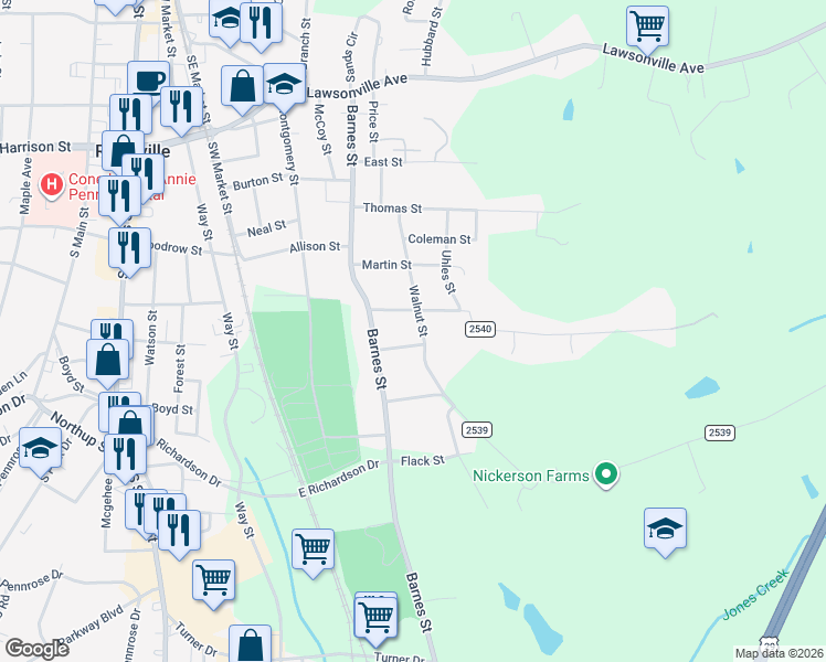 map of restaurants, bars, coffee shops, grocery stores, and more near 1105 Walnut Street in Reidsville