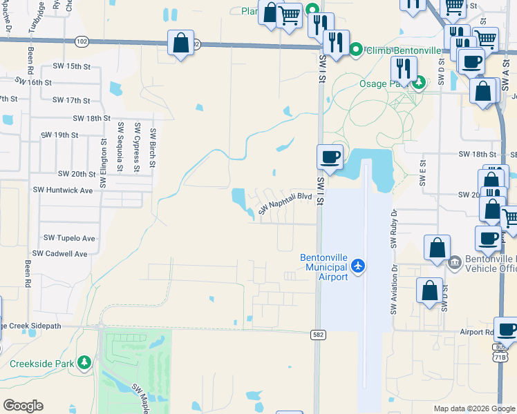 map of restaurants, bars, coffee shops, grocery stores, and more near 2406 Southwest Sierra Terrace in Bentonville
