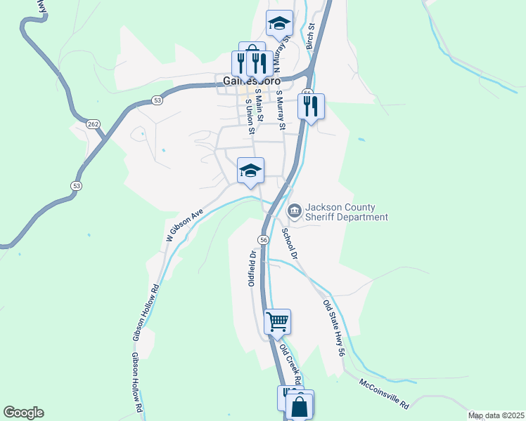 map of restaurants, bars, coffee shops, grocery stores, and more near 611 South Main Street in Gainesboro