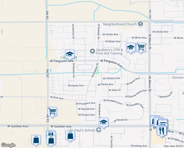 map of restaurants, bars, coffee shops, grocery stores, and more near 6202 West Whitley Avenue in Visalia