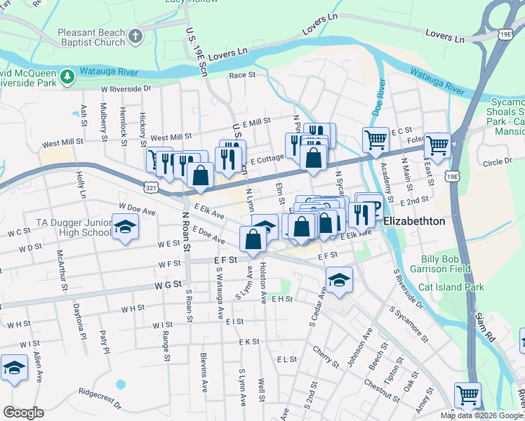 map of restaurants, bars, coffee shops, grocery stores, and more near 313 East D Street in Elizabethton