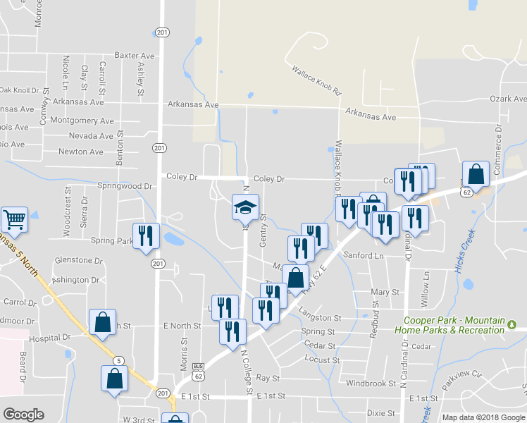 map of restaurants, bars, coffee shops, grocery stores, and more near 709 Gentry Street in Mountain Home