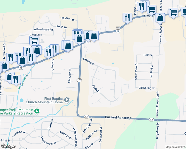 map of restaurants, bars, coffee shops, grocery stores, and more near 1709 Eagle Dr in Mountain Home