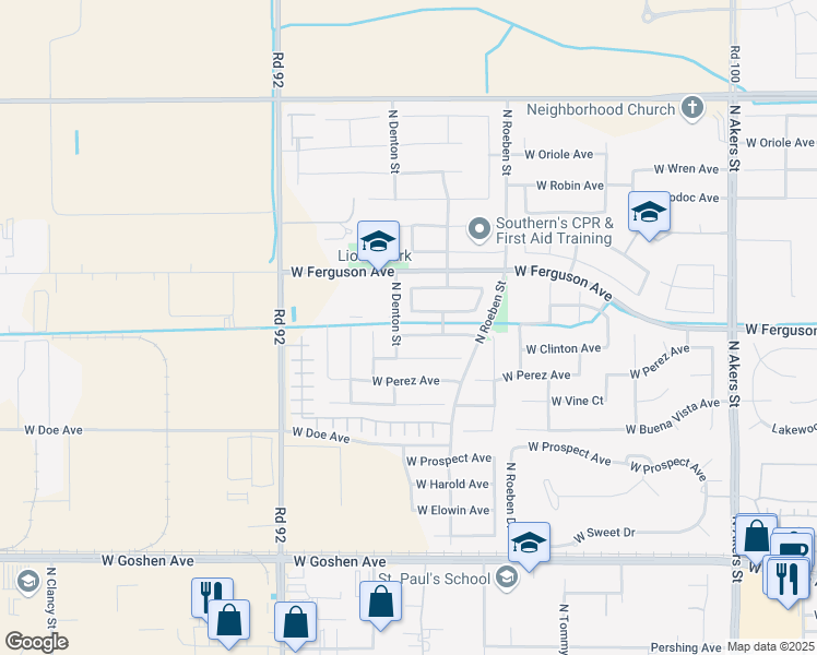 map of restaurants, bars, coffee shops, grocery stores, and more near 6348 West Whitley Avenue in Visalia