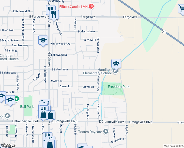 map of restaurants, bars, coffee shops, grocery stores, and more near 1028 Salem Drive in Hanford