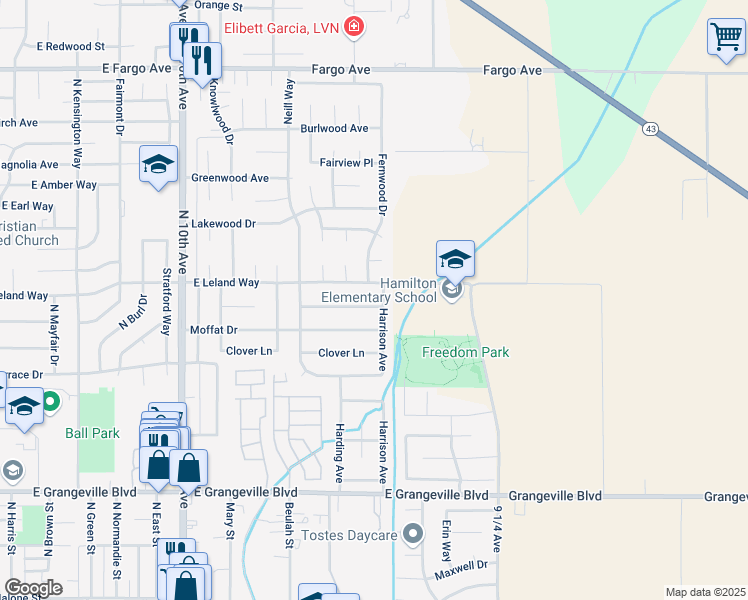 map of restaurants, bars, coffee shops, grocery stores, and more near 1028 Salem Drive in Hanford