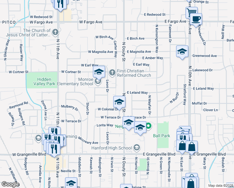 map of restaurants, bars, coffee shops, grocery stores, and more near 2058 Carter Way in Hanford
