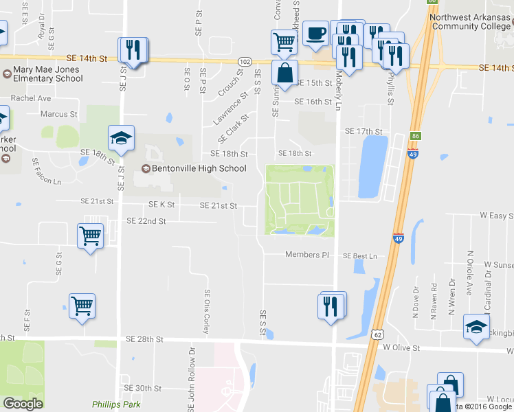 map of restaurants, bars, coffee shops, grocery stores, and more near Southeast S Street in Bentonville