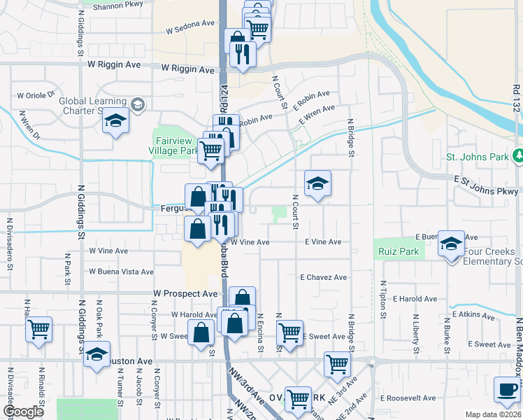 map of restaurants, bars, coffee shops, grocery stores, and more near 247 West Ferguson Avenue in Visalia