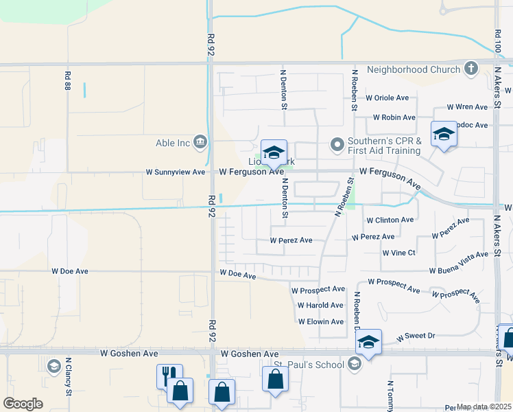 map of restaurants, bars, coffee shops, grocery stores, and more near 2134 North Lindsay Court in Visalia
