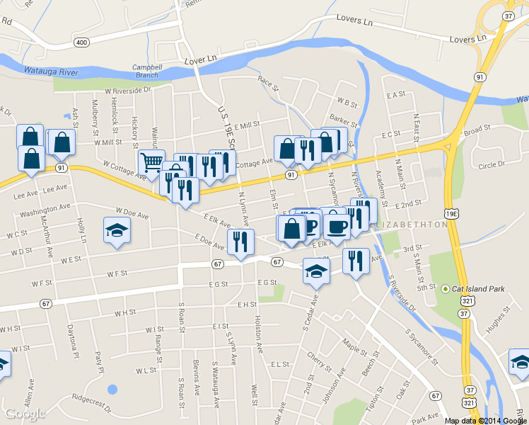 map of restaurants, bars, coffee shops, grocery stores, and more near 313 East D Street in Elizabethton