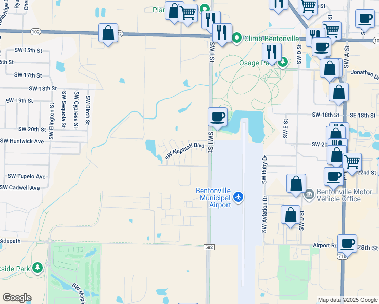 map of restaurants, bars, coffee shops, grocery stores, and more near 2500 Southwest Fallow Street in Bentonville