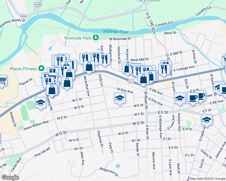 map of restaurants, bars, coffee shops, grocery stores, and more near 324 West Doe Avenue in Elizabethton