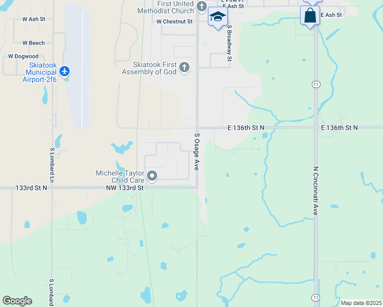 map of restaurants, bars, coffee shops, grocery stores, and more near 2101 South Javine Street in Skiatook