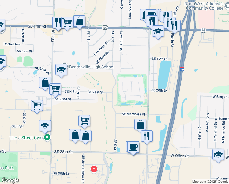 map of restaurants, bars, coffee shops, grocery stores, and more near 2025 Southeast S Street in Bentonville