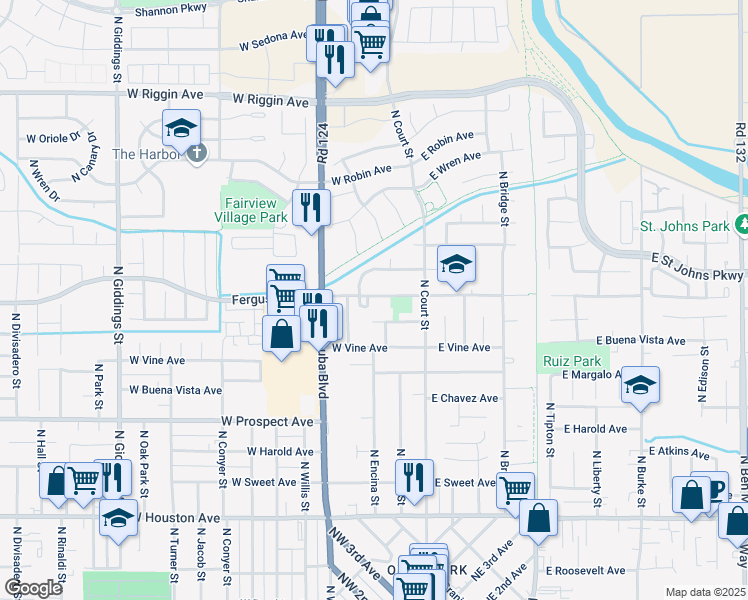 map of restaurants, bars, coffee shops, grocery stores, and more near 247 Ferguson Street in Visalia