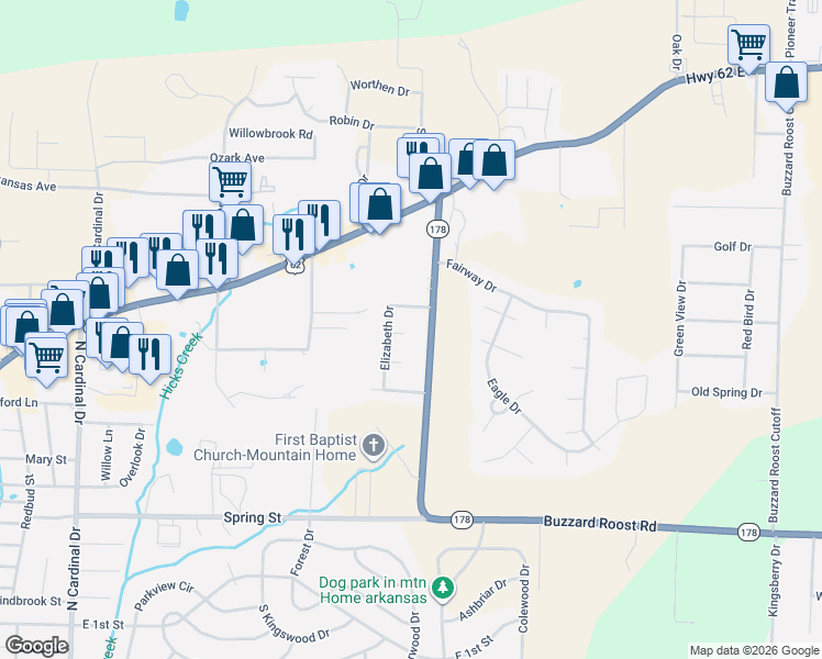 map of restaurants, bars, coffee shops, grocery stores, and more near 1715 Elizabeth Court in Mountain Home